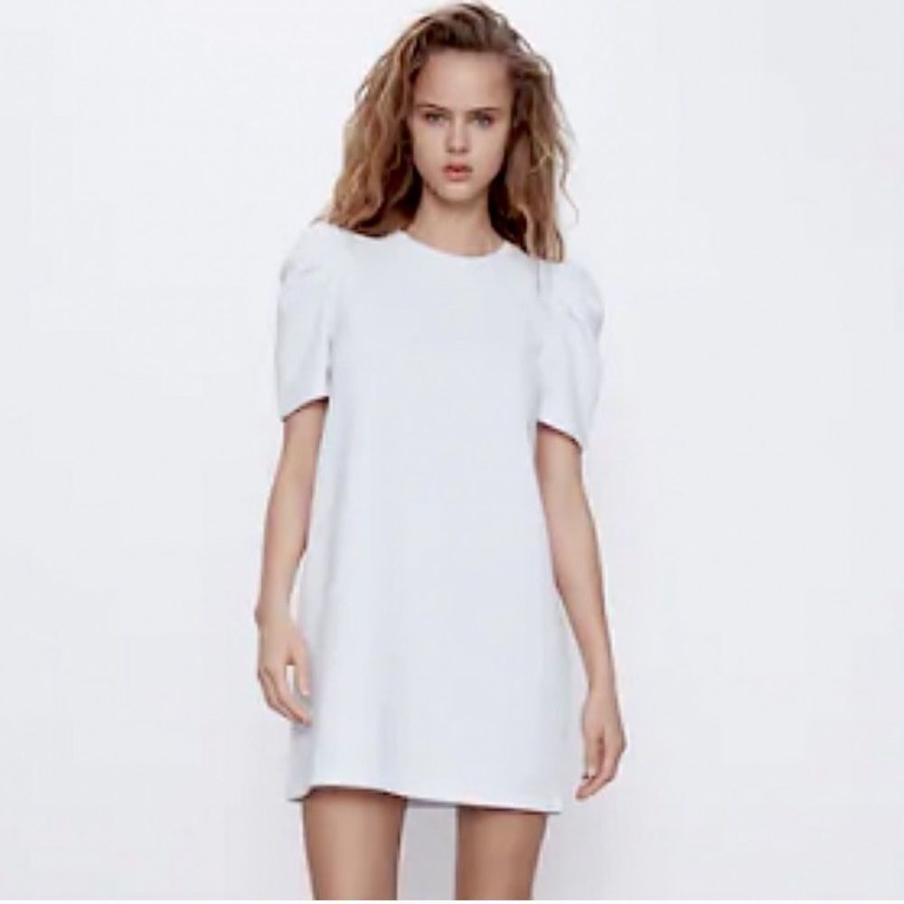 Zara white pullover mini dress with puff sleeves size medium